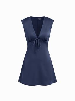 Cider - Satin Women's V-Neck Ruched Tie-Back Mini Dress Navy Blue