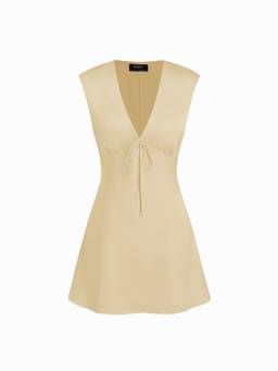 Cider - Satin Women's V-Neck Ruched Tie-Back Mini Dress Yellow
