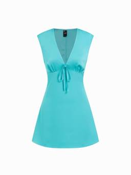 Cider - Satin Women's V-Neck Ruched Tie-Back Mini Dress Sky Blue