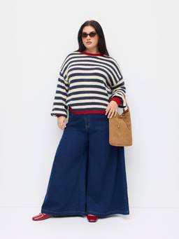 Cider - Mohair-Blend Women's Striped Contrast Binding Top Navy Blue