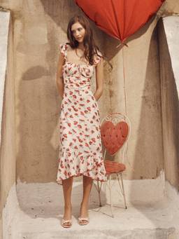 Cider - Chiffon Floral Women's U-Neck Ruffle Hem Maxi Dress Red