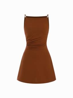 Cider - Beaded Ruched Women’s Square Neck A-Line Mini Dress Brown