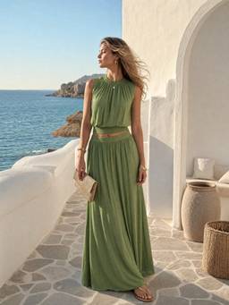 Cider - Knit Women's High Stretch Mid-Rise Draped Maxi Skirt Green