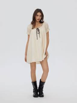 Cider - Cotton Blend Women Puff Sleeve Scoop Neck Mini Dress Cream