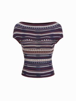 Cider - Striped Pointelle Women’s Off-Shoulder Slim Fit Top Purple