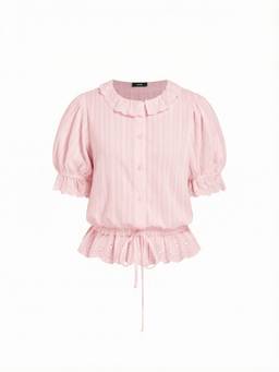 Cider - Puff Sleeve Lace Trim Women's Oversized Blouse Pink