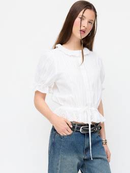 Cider - Broderie Anglaise Women's Puff Sleeve Oversized Blouse White