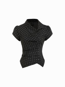 Cider - Gingham Women Ruched Puff Sleeve Asymmetrical Hem Top Black