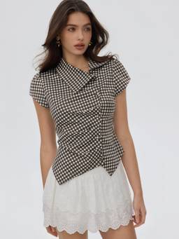 Cider - Gingham Women's Puff Sleeve Ruched Asymmetrical Hem Top Coffee