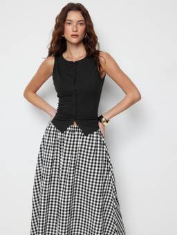 Cider - Cotton Women's Button-Front Gingham Skirt Set Black