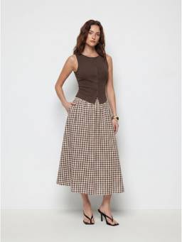 Cider - Cotton Women's Button Front Gingham Skirt Set Brown