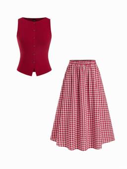 Cider - Cotton Button Women's Gingham Checks Skirt Set Red