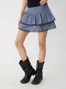 Cider - Lace Panel Women's Gingham Tiered Mini Skirt Blue