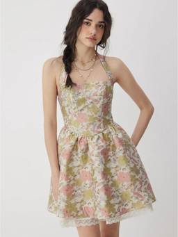 Cider - Jacquard Women's Floral Halter Neck A-Line Mini Dress Green