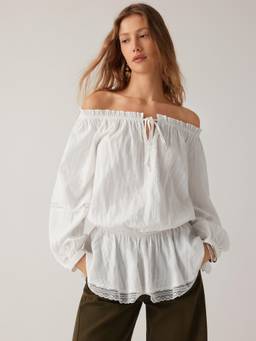 Cider - Cotton Blend Women Off-Shoulder Lace Drawstring Blouse White