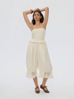 Cider - Chiffon Women's Strapless Smocked Waist Capri Jumpsuit Cream