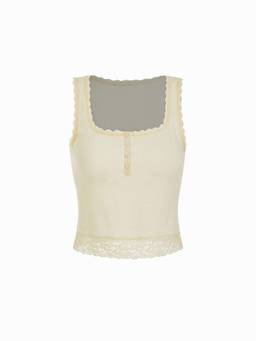 Cider - Cotton-Blend Women’s Square Neck Lace Trim Tank Top Cream