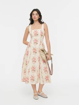 Cider - Floral Women's Square Neck Flared Maxi Dress Pink
