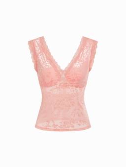 Cider - Flocked Floral Lace Women's Sleeveless V-Neck Top Pink