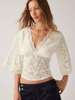 Cider - Guipure Lace Women V-Neck Bell Sleeve Crop Top Beige