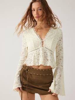 Cider - Floral Lace Women V-Neck Bell Sleeve Crop Top Beige