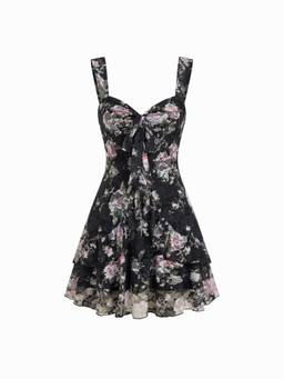 Cider - Lace Floral Women's Slim Sweetheart Tiered Mini Dress Black