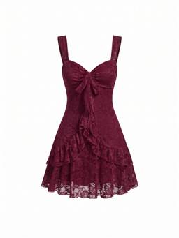 Cider - Lace Floral Women's Sweetheart Tiered Mini Dress Wine