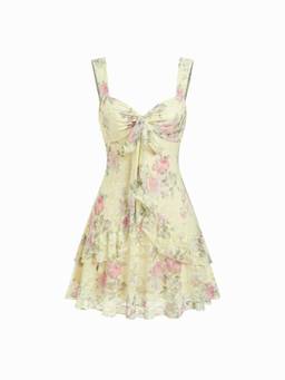 Cider - Lace Floral Women's Sweetheart Tie-Up Tiered Mini Dress Yellow