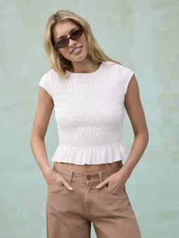 Cider - Cotton Blend Women Shirred Ruffle Hem Crop Top Beige