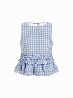 Cider - Cotton Blend Women Gingham Boat Neck Ruffled Top Blue