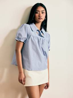 Cider - Cotton Blend Women Checks Puff Sleeve Oversized Blouse Blue