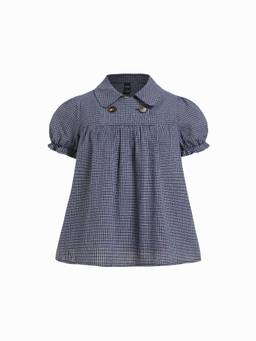 Cider - Cotton Blend Women's Checked Puff Sleeve Oversized Blouse Blue