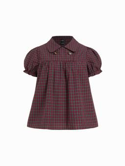 Cider - Cotton Blend Women's Plaid Puff Sleeve Oversized Blouse Wine