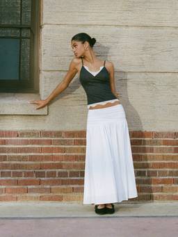 Cider - Ruched Drawstring Women’s Mid-Rise Flared Maxi Skirt White