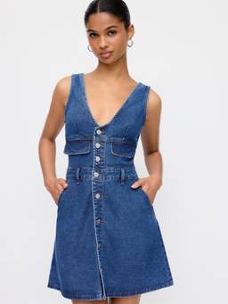 Cider - Denim Women's V-Neck Button Front A-Line Mini Dress Blue