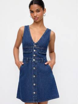Cider - Denim Women's V-Neck Metal Detail A-Line Mini Dress Navy Blue