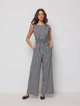 Cider - Gingham Women's Boat Neck Drawstring Wide-Leg Jumpsuit Black