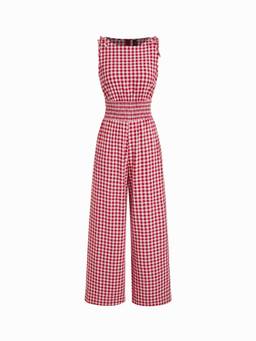 Cider - Gingham Women's Boat Neck Drawstring Wide-Leg Jumpsuit Red