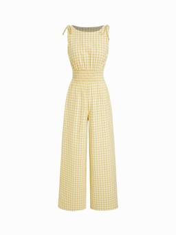 Cider - Cotton Gingham Women Boat Neck Wide-Leg Jumpsuit Yellow