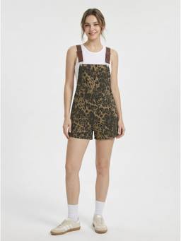 Cider - Denim Women's Adjustable Strap Leopard Print Dungarees Tan