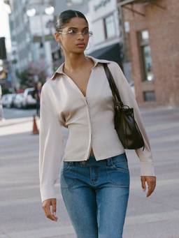 Cider - Satin Belted Women's Collar Neck Long Sleeve Shirt Beige