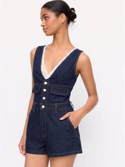 Cider - Denim Women's V-Neck Button Front Playsuit Navy Blue