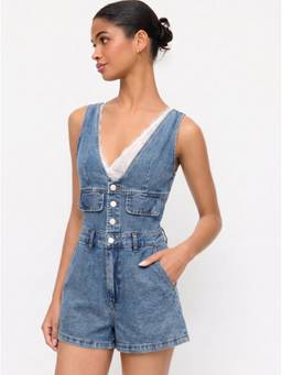 Cider - Denim Women's V-Neck Button Front Metal Detail Jumpsuit Blue