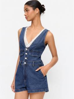 Cider - Denim Women's V-Neck Button Front Metal Detail Jumpsuit Navy Blue