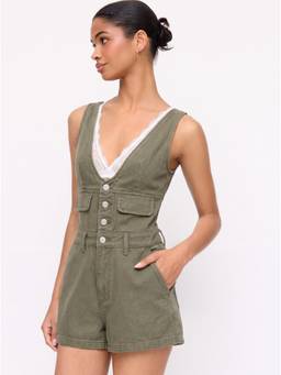Cider - Denim Women's V-Neck Button Front Metal Detail Jumpsuit Olive