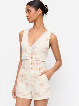 Cider - Denim Women's V-Neck Button Front Metal Detail Jumpsuit Pink