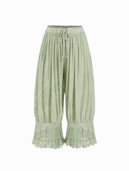 Cider - Velvet Floral Women's Drawstring Lace Trim Cropped Culottes Green