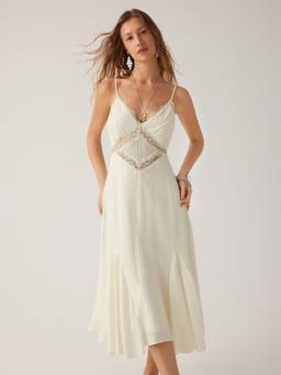 Cider - Lace Panel Women V-Neck A-Line Midi Dress Cream