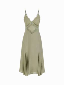 Cider - Lace Panel Women's V-Neck A-Line Cami Midi Dress Olive