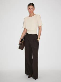 Cider - Pleated Women's Boat Neck Shoulder Pad Top Beige